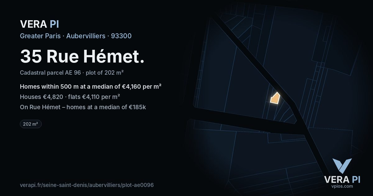 35 Rue Hémet, Aubervilliers at night – the plot lit, the parcels around coloured by the prices near them