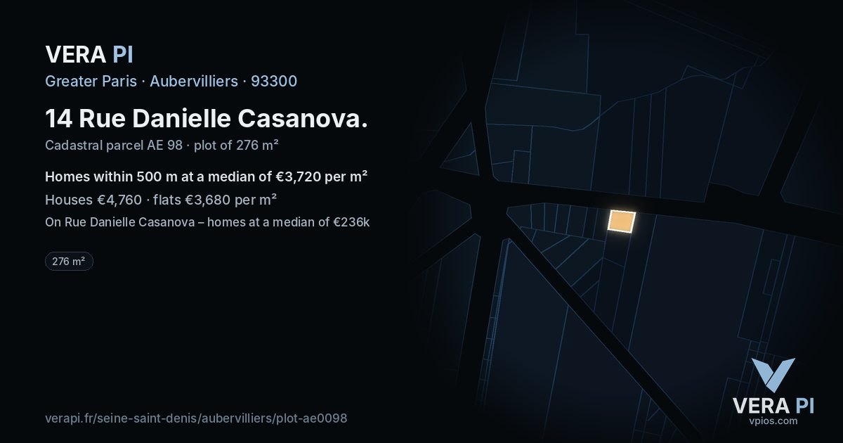 14 Rue Danielle Casanova, Aubervilliers at night – the plot lit, the parcels around coloured by the prices near them