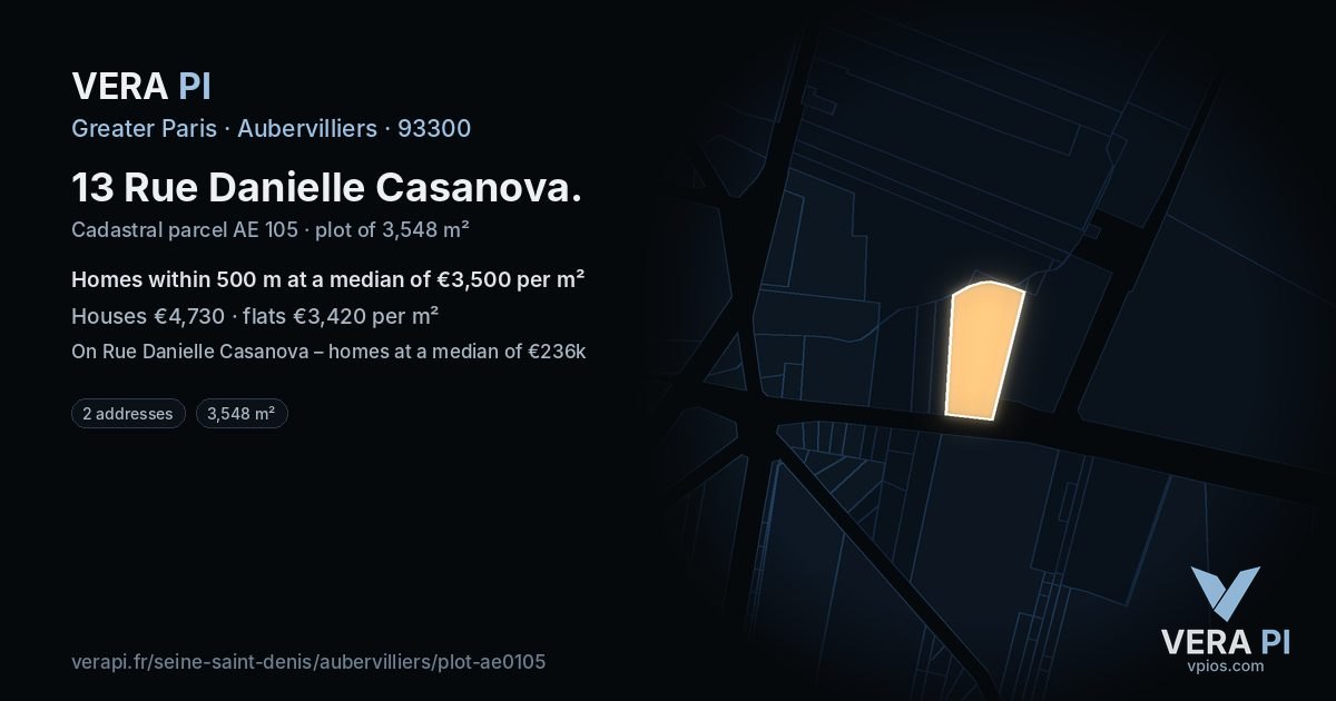 13 Rue Danielle Casanova, Aubervilliers at night – the plot lit, the parcels around coloured by the prices near them