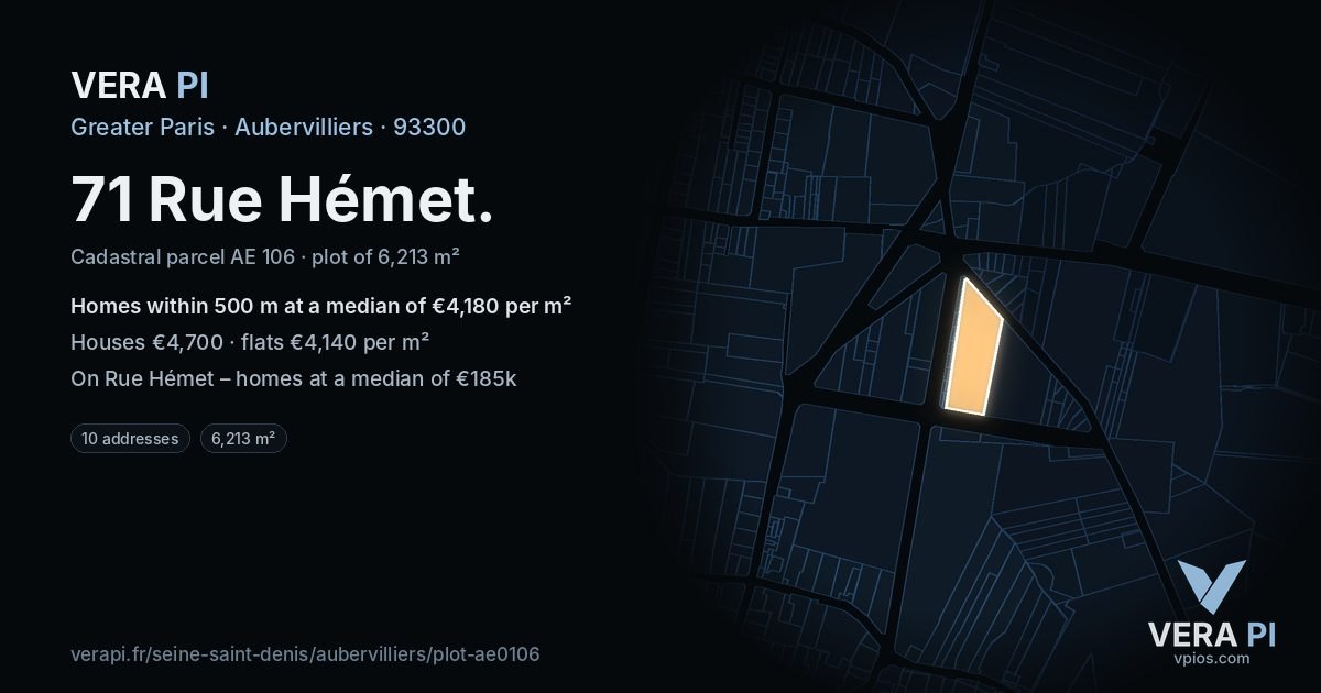 71 Rue Hémet, Aubervilliers at night – the plot lit, the parcels around coloured by the prices near them