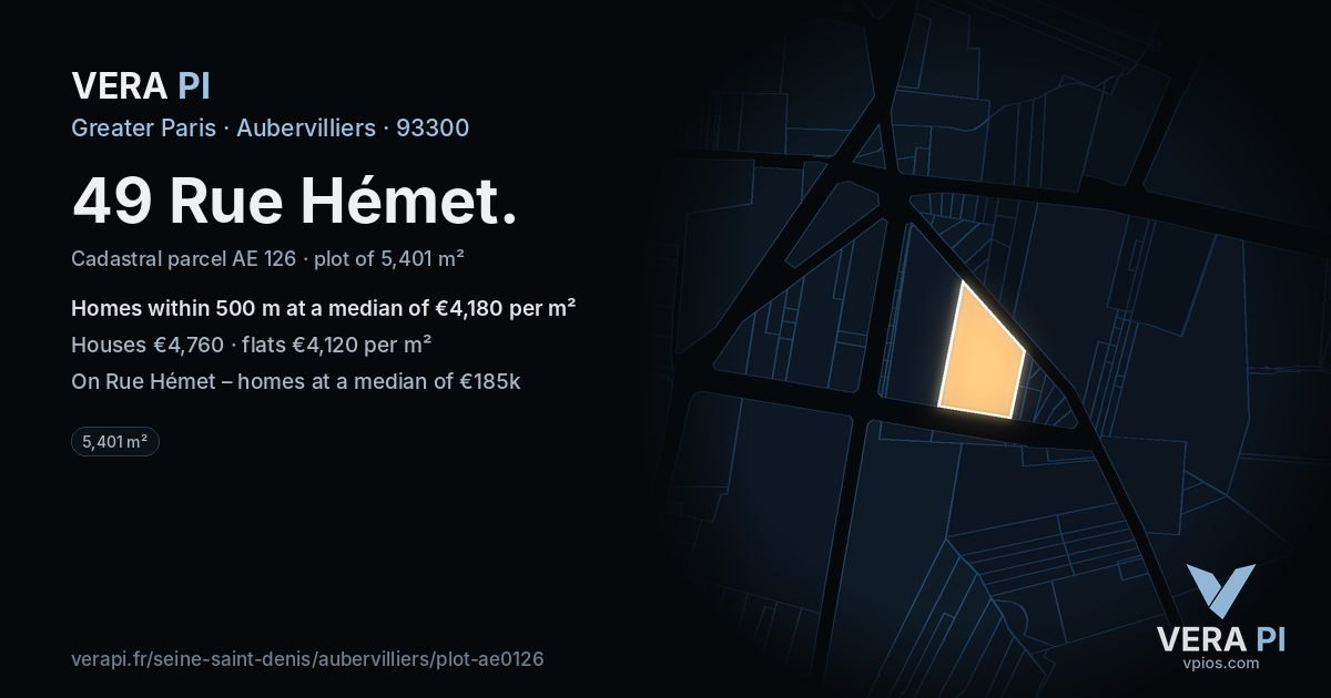 49 Rue Hémet, Aubervilliers at night – the plot lit, the parcels around coloured by the prices near them