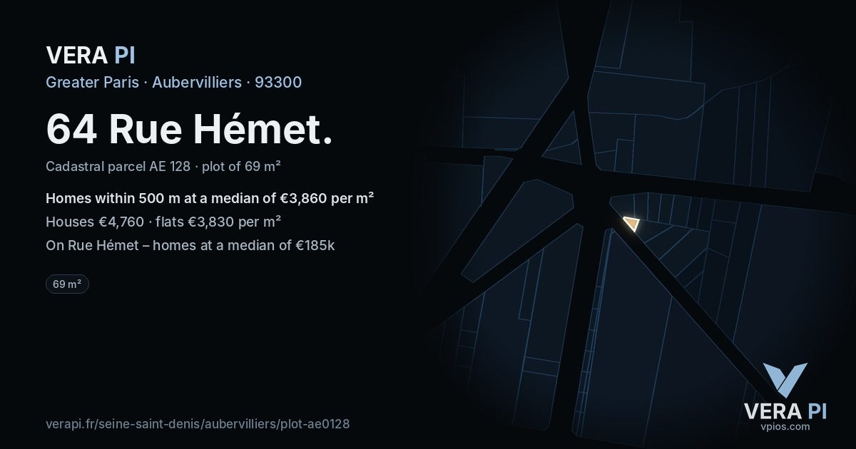 64 Rue Hémet, Aubervilliers at night – the plot lit, the parcels around coloured by the prices near them