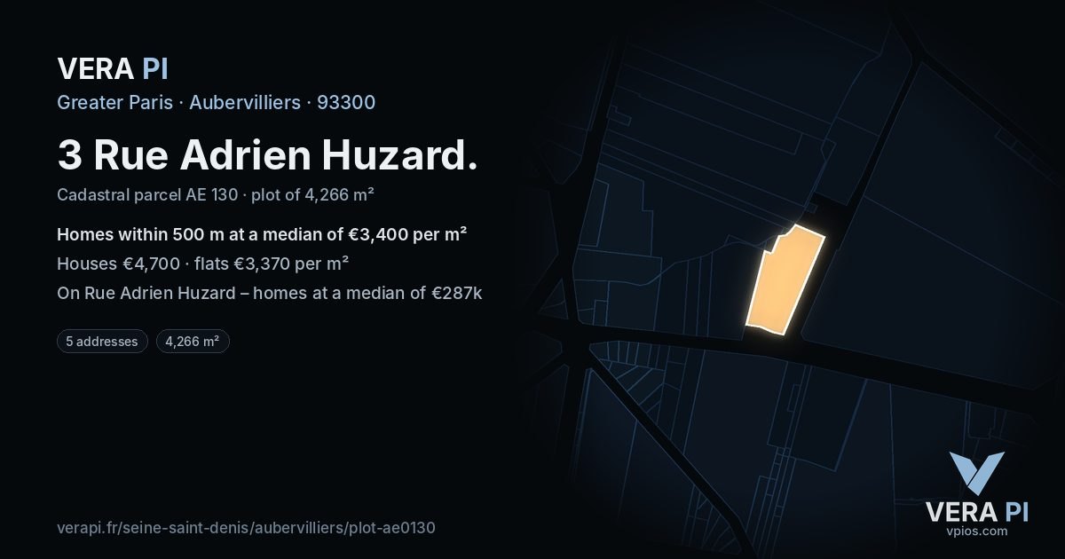 3 Rue Adrien Huzard, Aubervilliers at night – the plot lit, the parcels around coloured by the prices near them