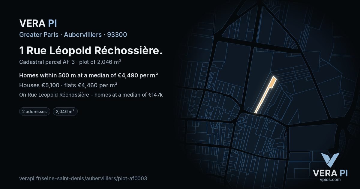 1 Rue Léopold Réchossière, Aubervilliers at night – the plot lit, the parcels around coloured by the prices near them