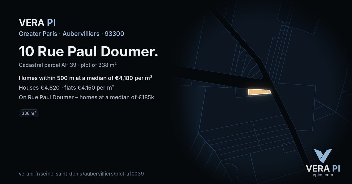 10 Rue Paul Doumer, Aubervilliers at night – the plot lit, the parcels around coloured by the prices near them