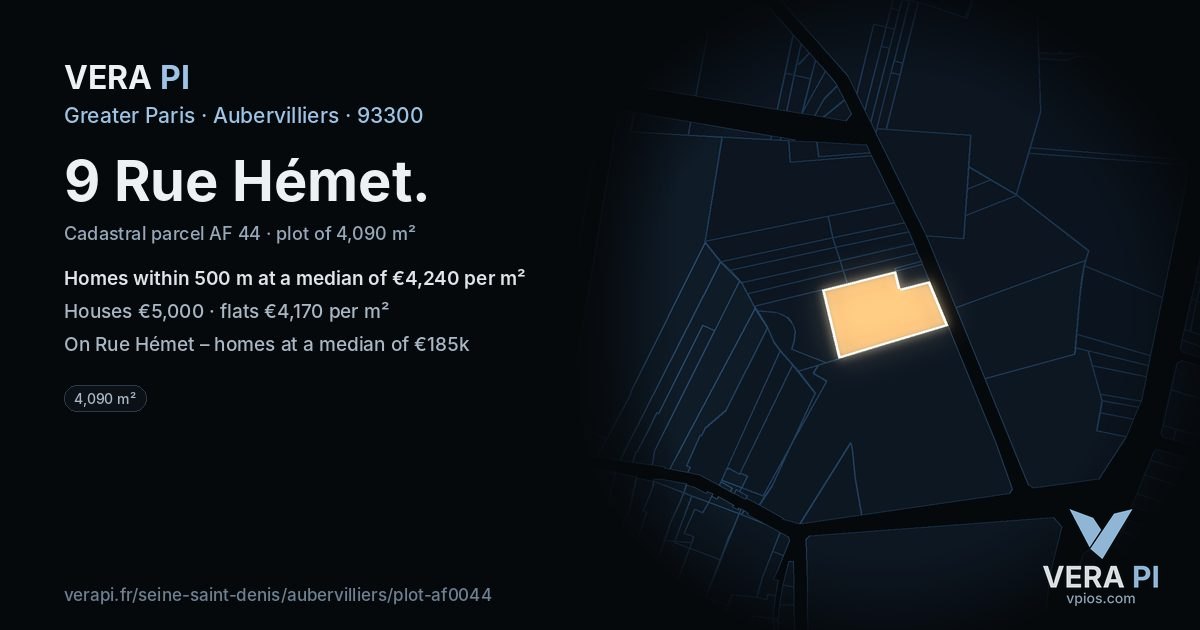 9 Rue Hémet, Aubervilliers at night – the plot lit, the parcels around coloured by the prices near them