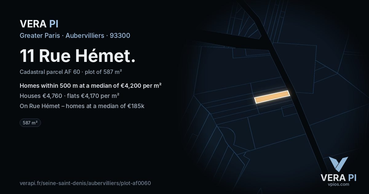 11 Rue Hémet, Aubervilliers at night – the plot lit, the parcels around coloured by the prices near them
