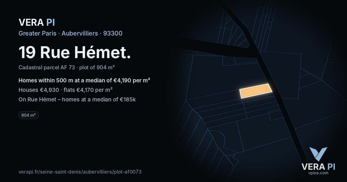 19 Rue Hémet, Aubervilliers at night – the plot lit, the parcels around coloured by the prices near them