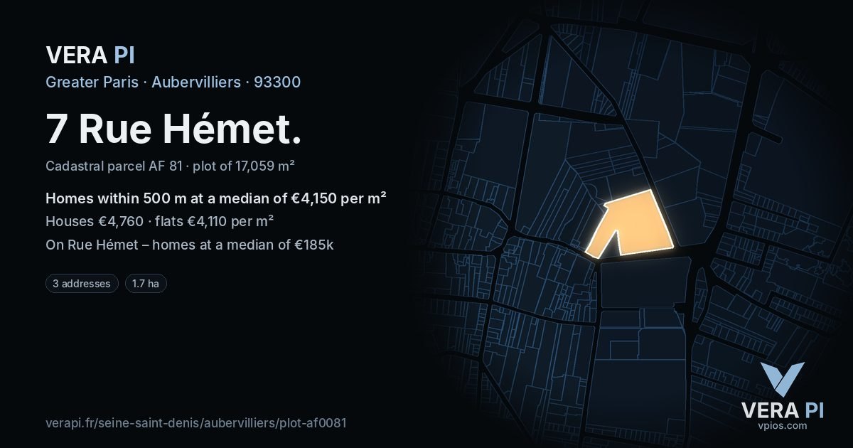 7 Rue Hémet, Aubervilliers at night – the plot lit, the parcels around coloured by the prices near them