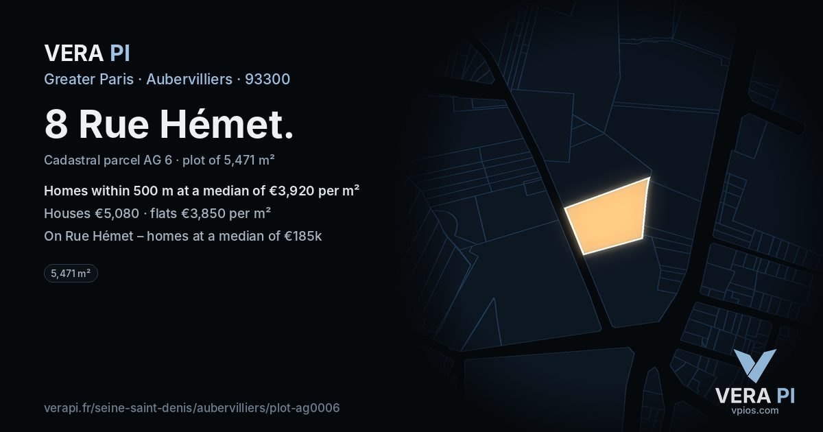 8 Rue Hémet, Aubervilliers at night – the plot lit, the parcels around coloured by the prices near them