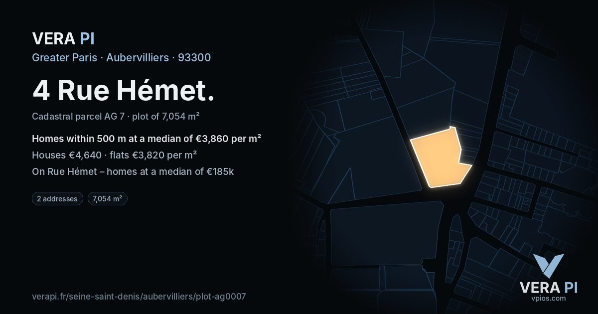 4 Rue Hémet, Aubervilliers at night – the plot lit, the parcels around coloured by the prices near them