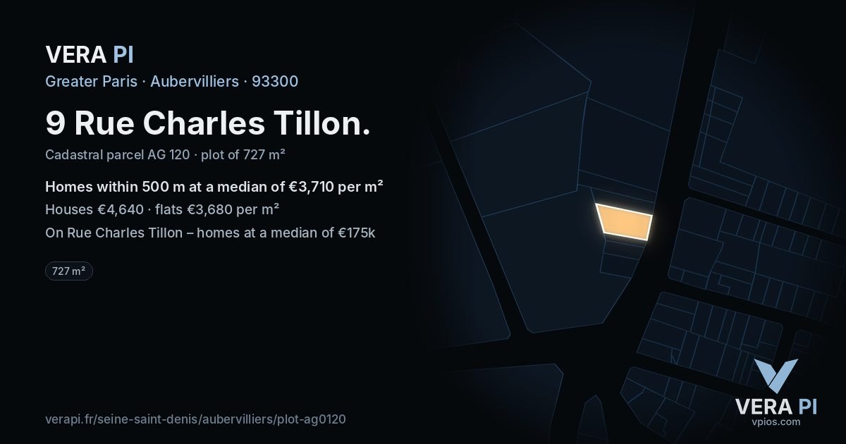 9 Rue Charles Tillon, Aubervilliers at night – the plot lit, the parcels around coloured by the prices near them