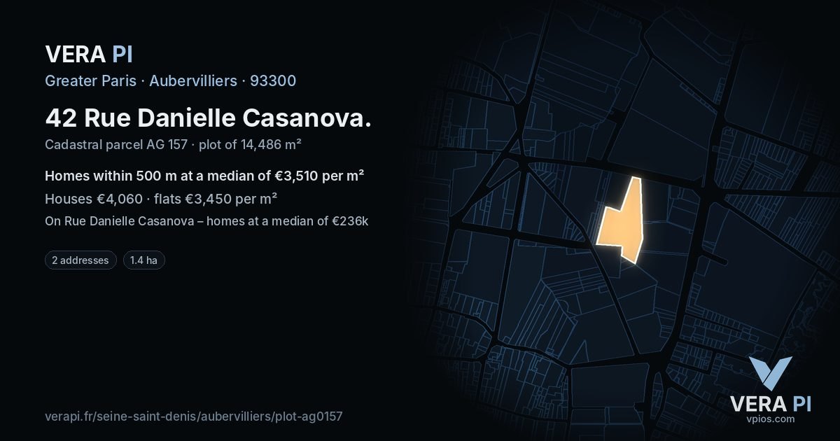 42 Rue Danielle Casanova, Aubervilliers at night – the plot lit, the parcels around coloured by the prices near them