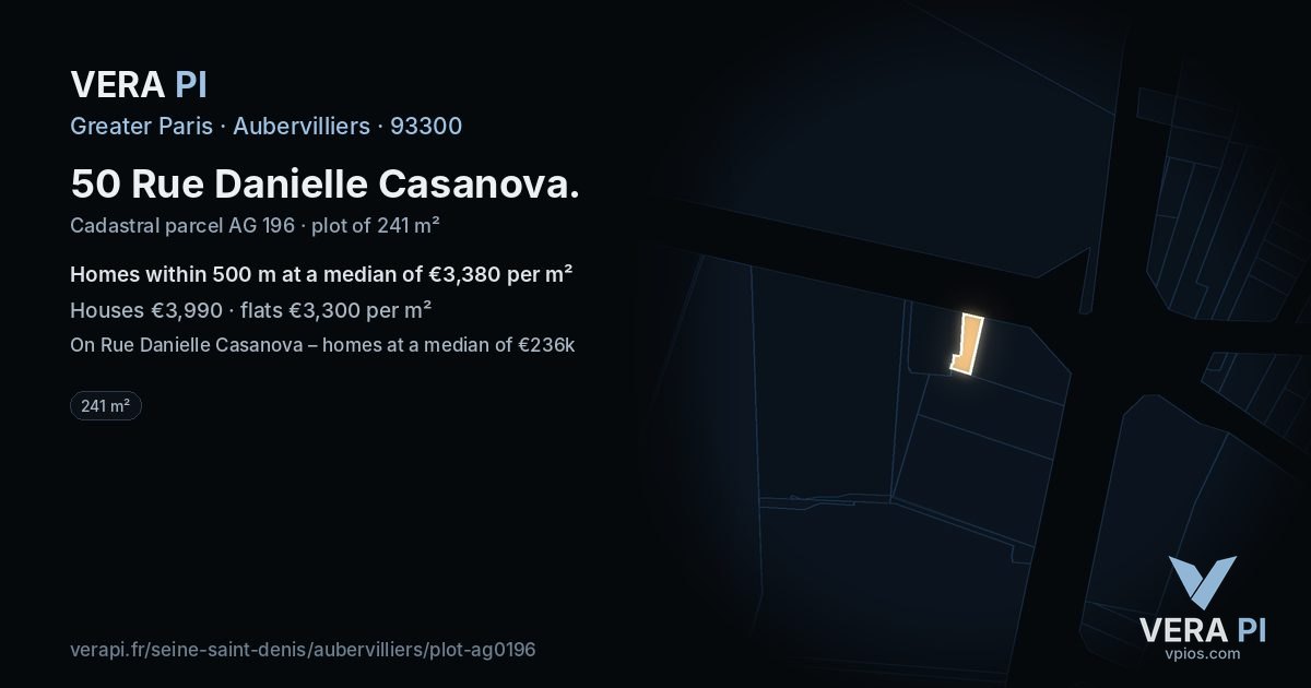 50 Rue Danielle Casanova, Aubervilliers at night – the plot lit, the parcels around coloured by the prices near them