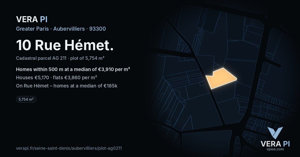10 Rue Hémet, Aubervilliers at night – the plot lit, the parcels around coloured by the prices near them