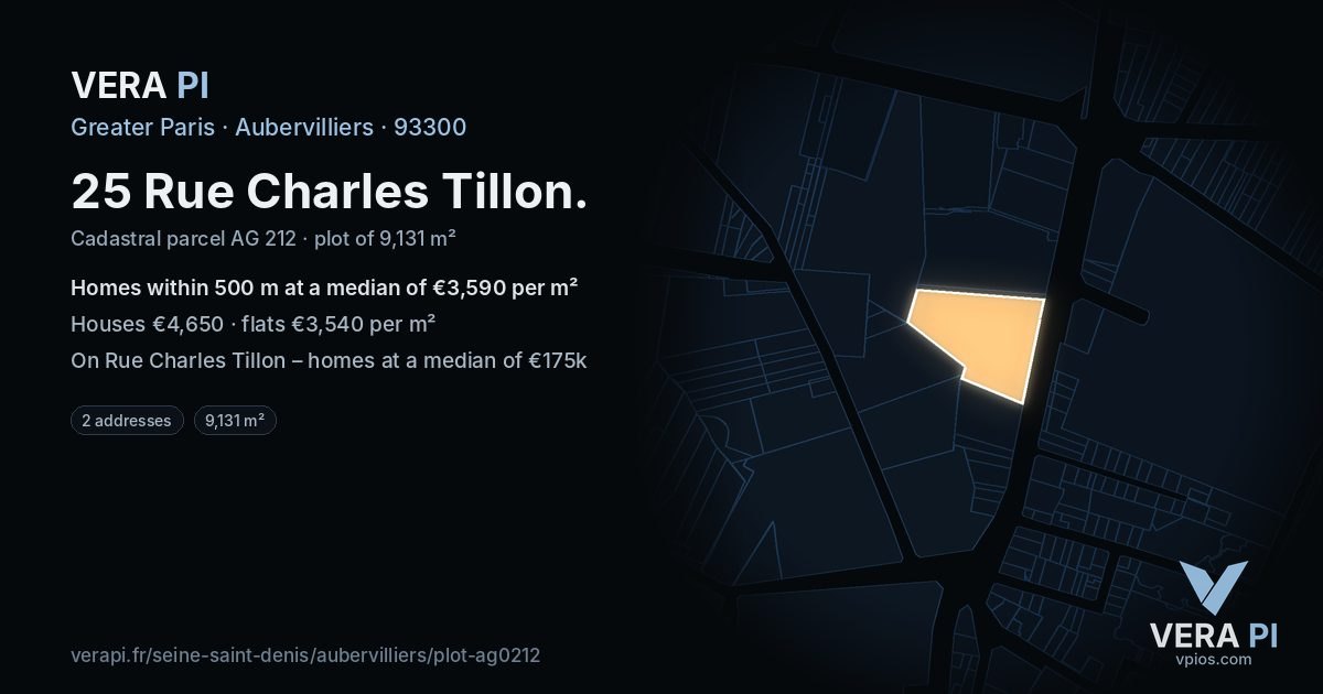 25 Rue Charles Tillon, Aubervilliers at night – the plot lit, the parcels around coloured by the prices near them