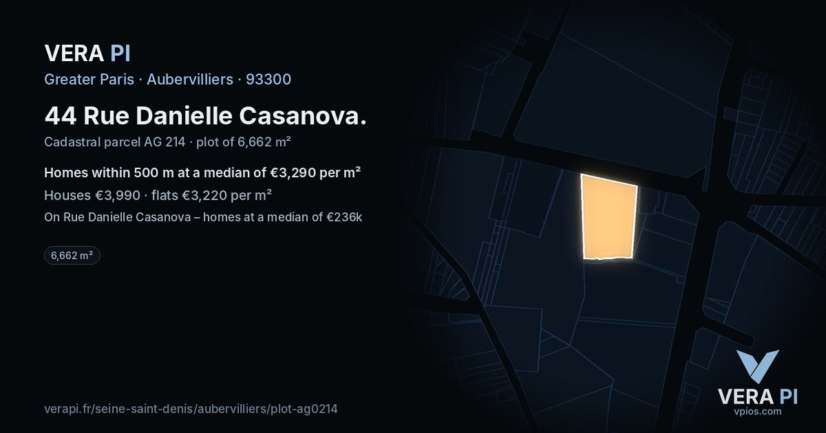 44 Rue Danielle Casanova, Aubervilliers at night – the plot lit, the parcels around coloured by the prices near them