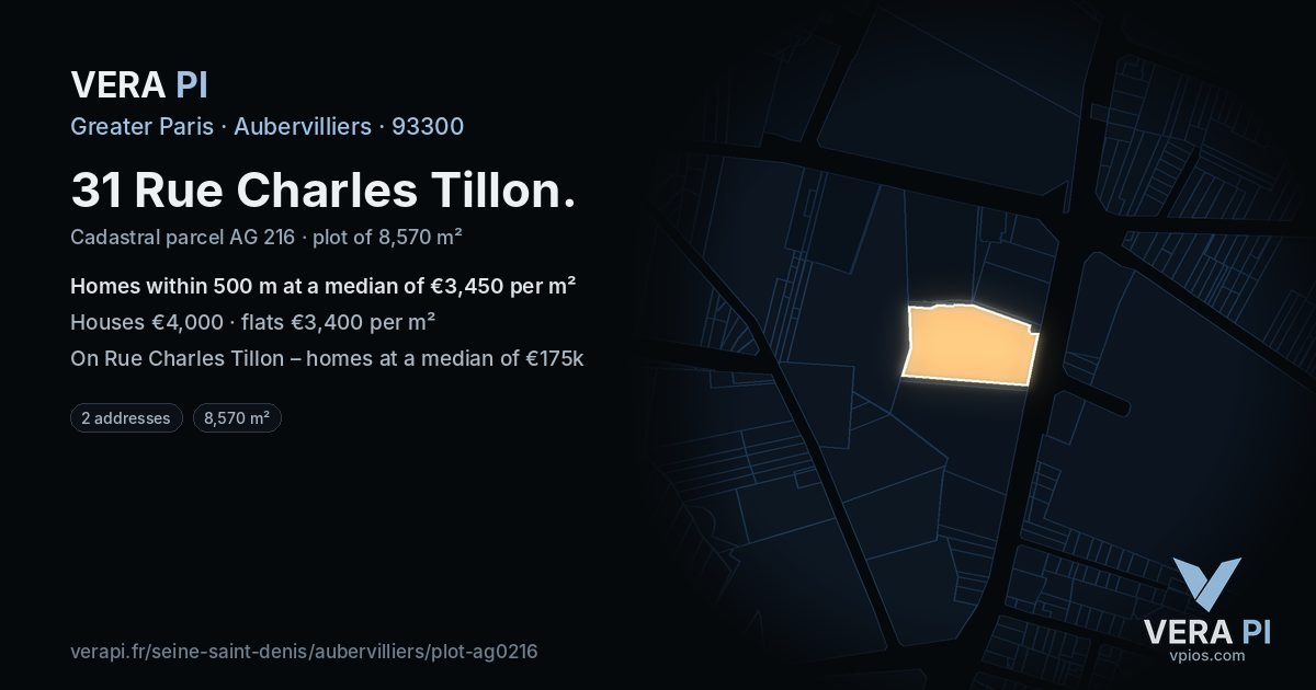 31 Rue Charles Tillon, Aubervilliers at night – the plot lit, the parcels around coloured by the prices near them