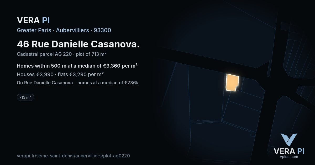 46 Rue Danielle Casanova, Aubervilliers at night – the plot lit, the parcels around coloured by the prices near them
