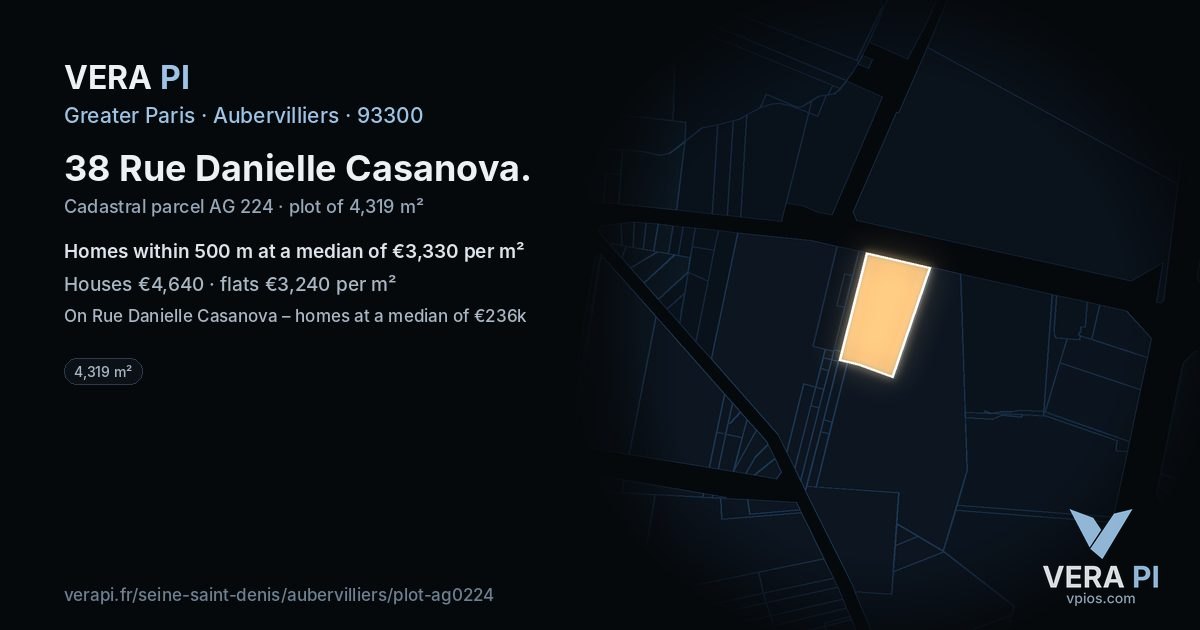 38 Rue Danielle Casanova, Aubervilliers at night – the plot lit, the parcels around coloured by the prices near them