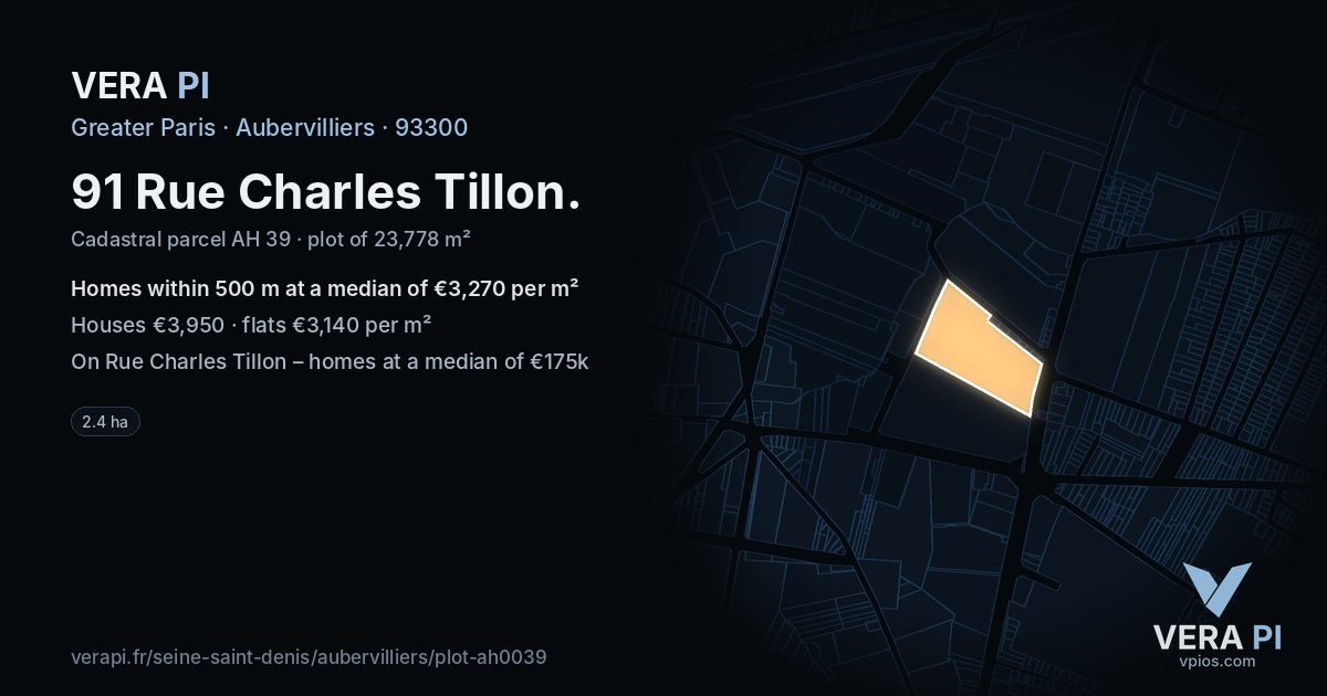 91 Rue Charles Tillon, Aubervilliers at night – the plot lit, the parcels around coloured by the prices near them