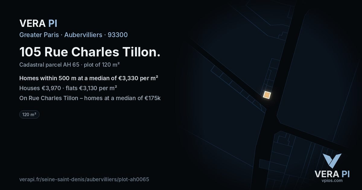 105 Rue Charles Tillon, Aubervilliers at night – the plot lit, the parcels around coloured by the prices near them