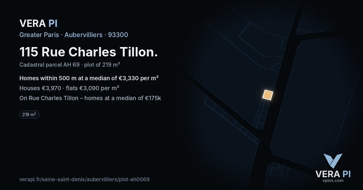 115 Rue Charles Tillon, Aubervilliers at night – the plot lit, the parcels around coloured by the prices near them