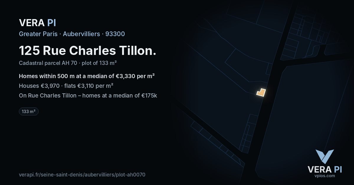 125 Rue Charles Tillon, Aubervilliers at night – the plot lit, the parcels around coloured by the prices near them