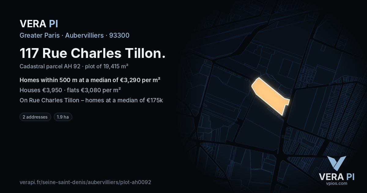 117 Rue Charles Tillon, Aubervilliers at night – the plot lit, the parcels around coloured by the prices near them