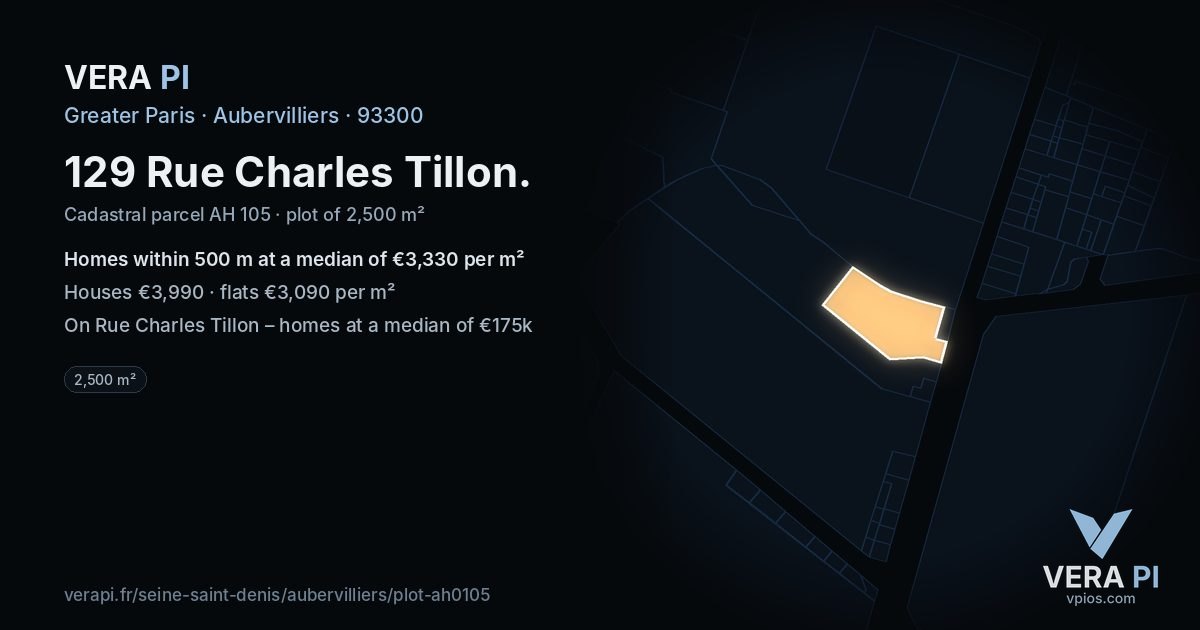 129 Rue Charles Tillon, Aubervilliers at night – the plot lit, the parcels around coloured by the prices near them