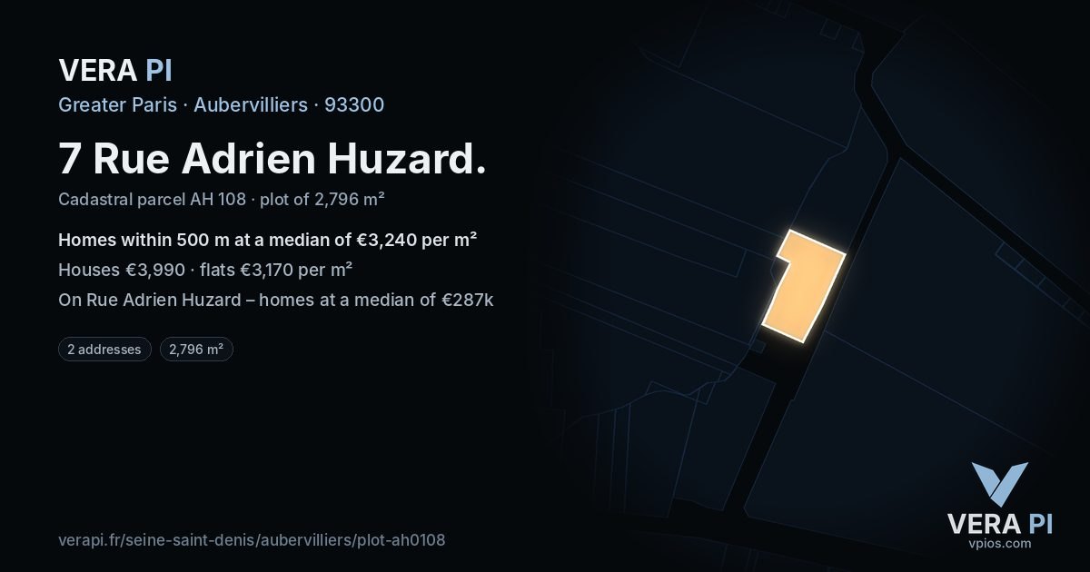 7 Rue Adrien Huzard, Aubervilliers at night – the plot lit, the parcels around coloured by the prices near them