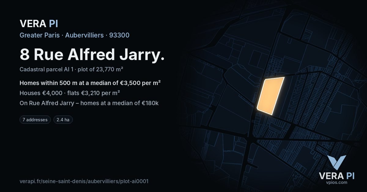 8 Rue Alfred Jarry, Aubervilliers at night – the plot lit, the parcels around coloured by the prices near them