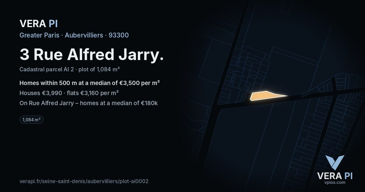 3 Rue Alfred Jarry, Aubervilliers at night – the plot lit, the parcels around coloured by the prices near them