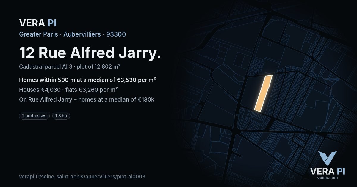 12 Rue Alfred Jarry, Aubervilliers at night – the plot lit, the parcels around coloured by the prices near them