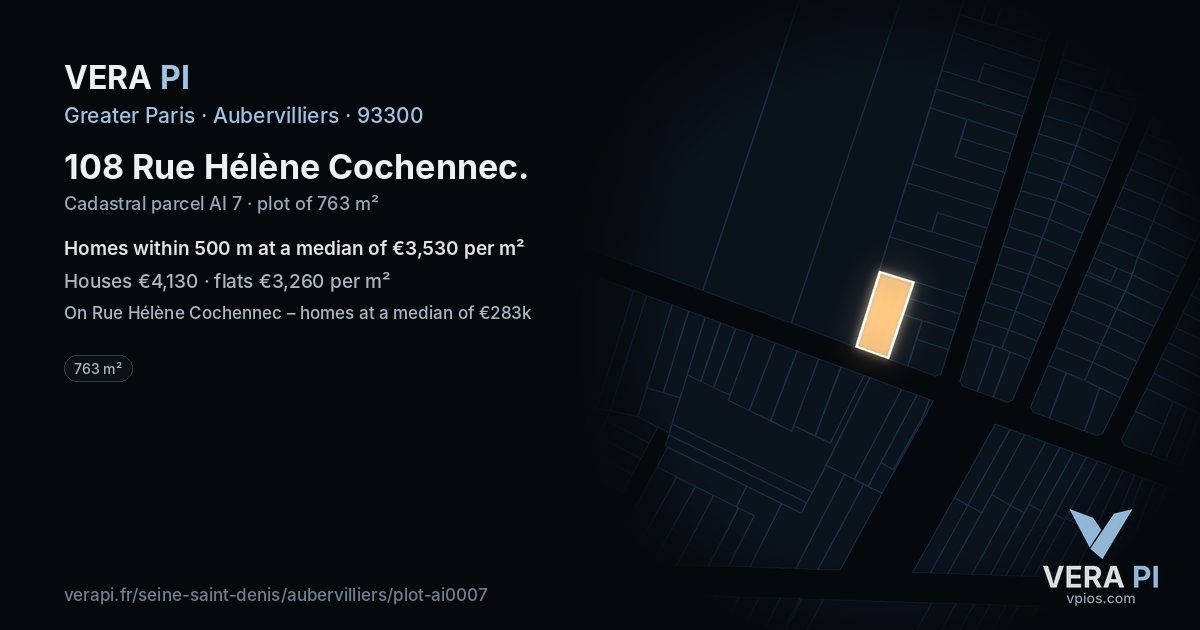 108 Rue Hélène Cochennec, Aubervilliers at night – the plot lit, the parcels around coloured by the prices near them
