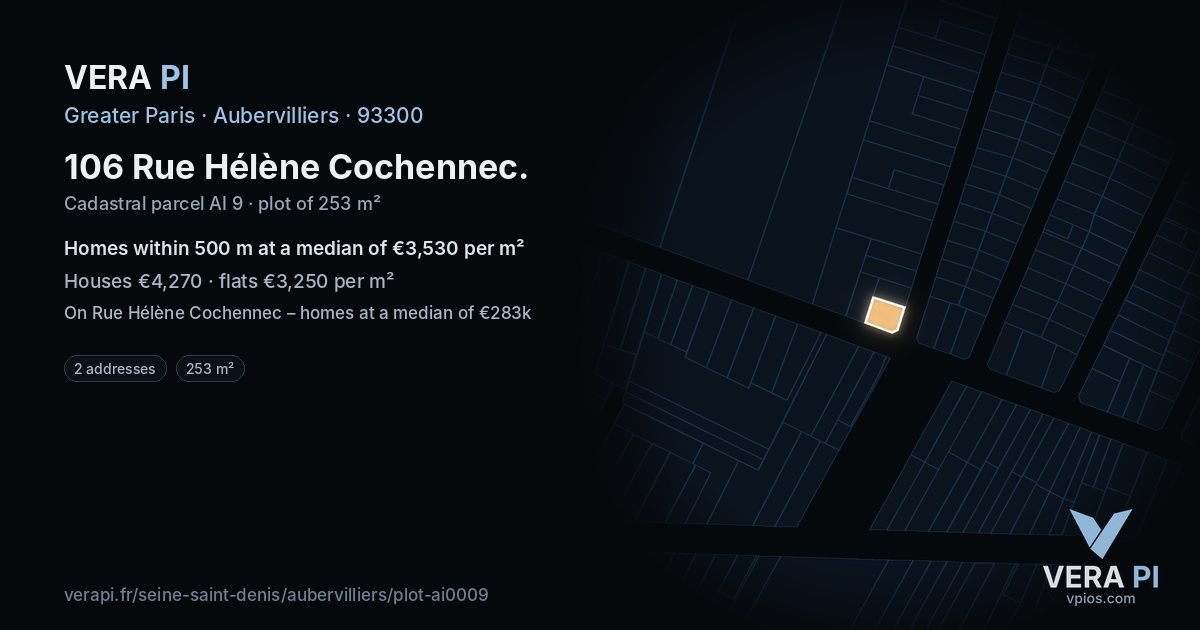 106 Rue Hélène Cochennec, Aubervilliers at night – the plot lit, the parcels around coloured by the prices near them