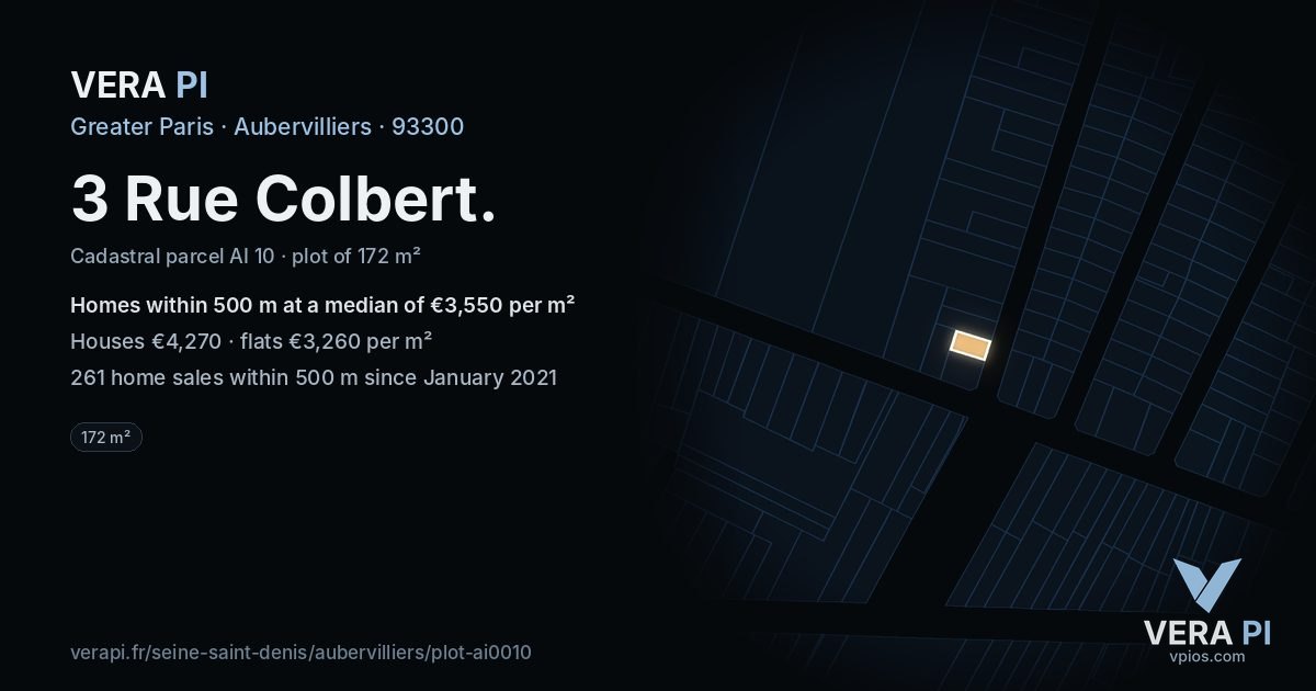 3 Rue Colbert, Aubervilliers at night – the plot lit, the parcels around coloured by the prices near them