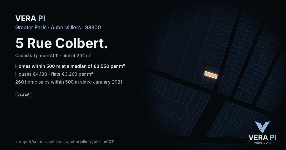 5 Rue Colbert, Aubervilliers at night – the plot lit, the parcels around coloured by the prices near them