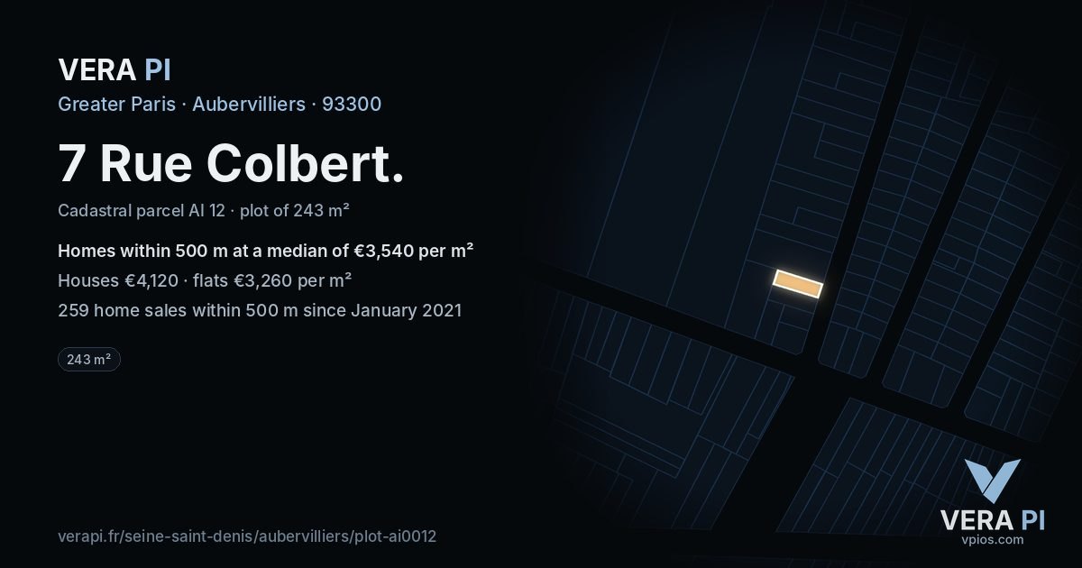 7 Rue Colbert, Aubervilliers at night – the plot lit, the parcels around coloured by the prices near them