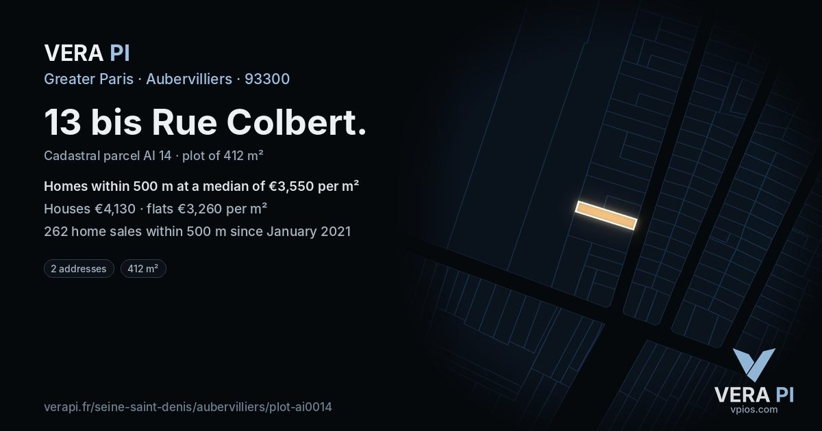 13 bis Rue Colbert, Aubervilliers at night – the plot lit, the parcels around coloured by the prices near them