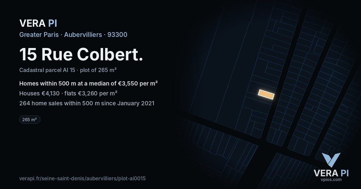 15 Rue Colbert, Aubervilliers at night – the plot lit, the parcels around coloured by the prices near them