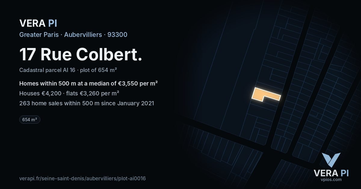17 Rue Colbert, Aubervilliers at night – the plot lit, the parcels around coloured by the prices near them