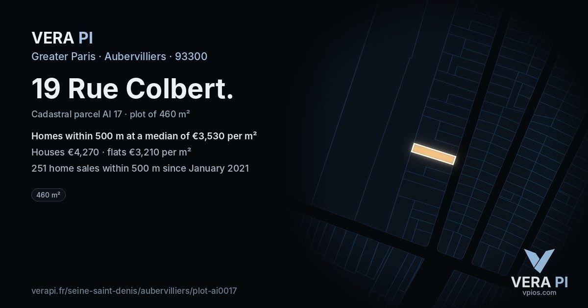 19 Rue Colbert, Aubervilliers at night – the plot lit, the parcels around coloured by the prices near them