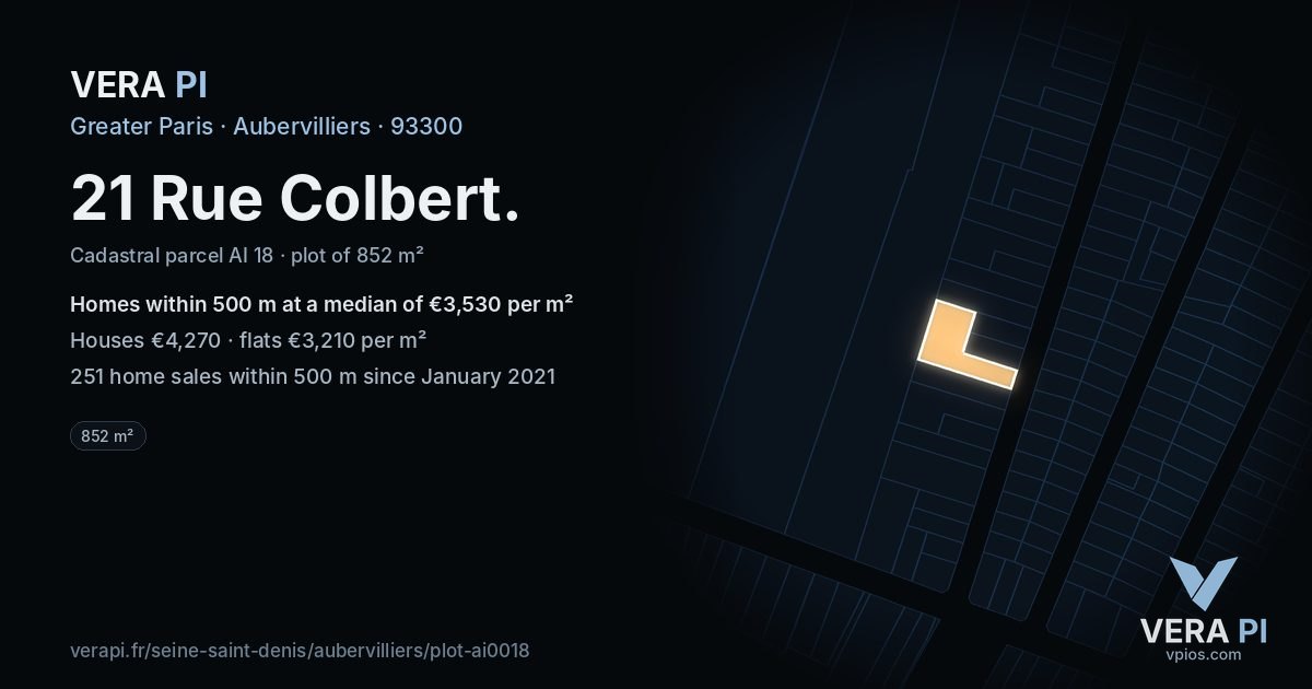 21 Rue Colbert, Aubervilliers at night – the plot lit, the parcels around coloured by the prices near them