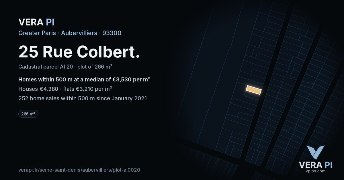 25 Rue Colbert, Aubervilliers at night – the plot lit, the parcels around coloured by the prices near them