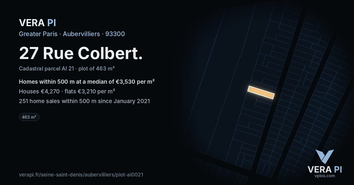 27 Rue Colbert, Aubervilliers at night – the plot lit, the parcels around coloured by the prices near them