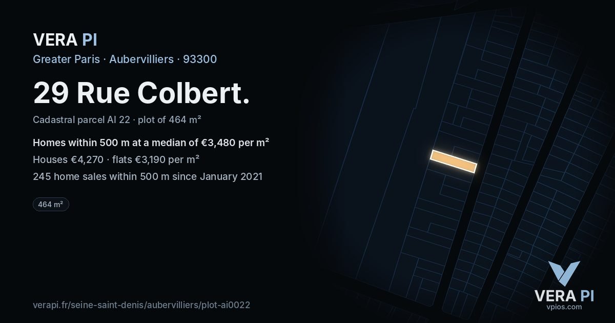 29 Rue Colbert, Aubervilliers at night – the plot lit, the parcels around coloured by the prices near them