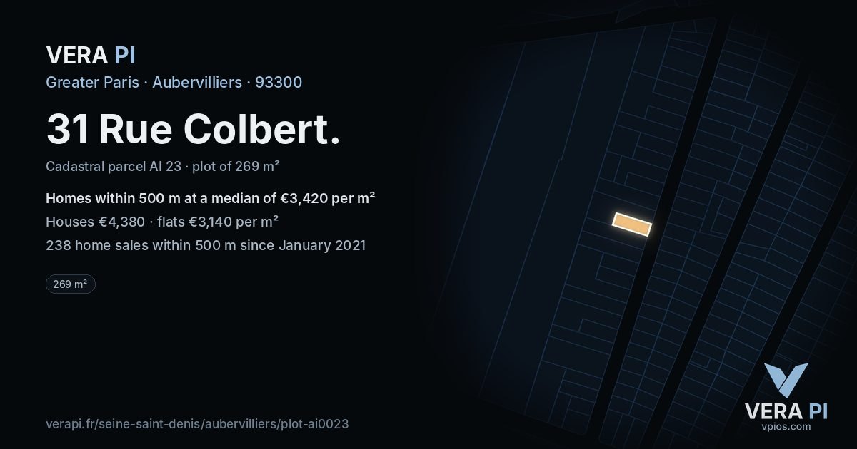 31 Rue Colbert, Aubervilliers at night – the plot lit, the parcels around coloured by the prices near them