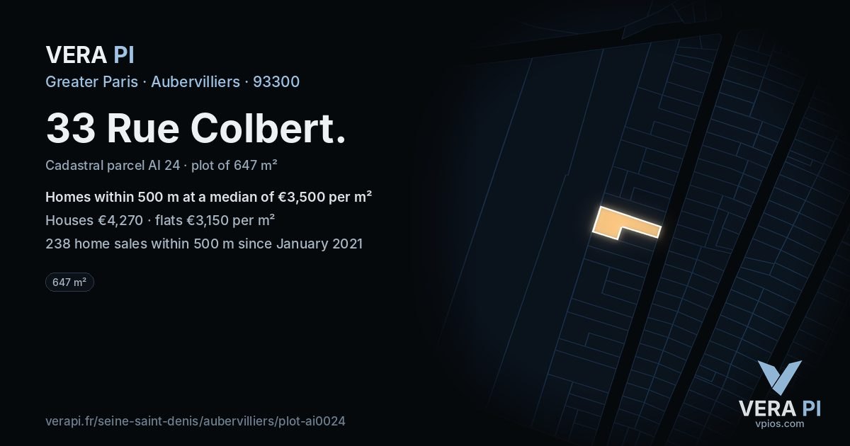 33 Rue Colbert, Aubervilliers at night – the plot lit, the parcels around coloured by the prices near them