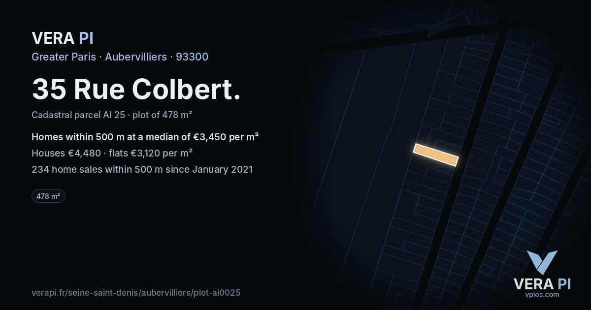 35 Rue Colbert, Aubervilliers at night – the plot lit, the parcels around coloured by the prices near them